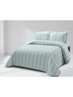 Edredón de verano reversible y ligero en color verde agua y blanco. Diseño de rayas.