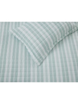 Edredón de verano reversible y ligero en color verde agua y blanco. Diseño de rayas.
