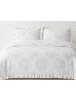 Vista del edredón Dalia gris con diseño toile de jouy.