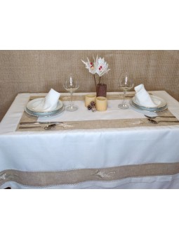 Mantel de hilo bordado con detalle de mimosas en color blanco y lino.