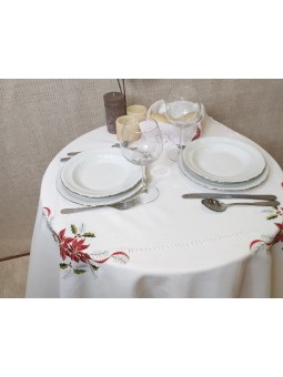 Mantel de Navidad Redondo en color blanco con detalle de flor navideña en tonos rojos