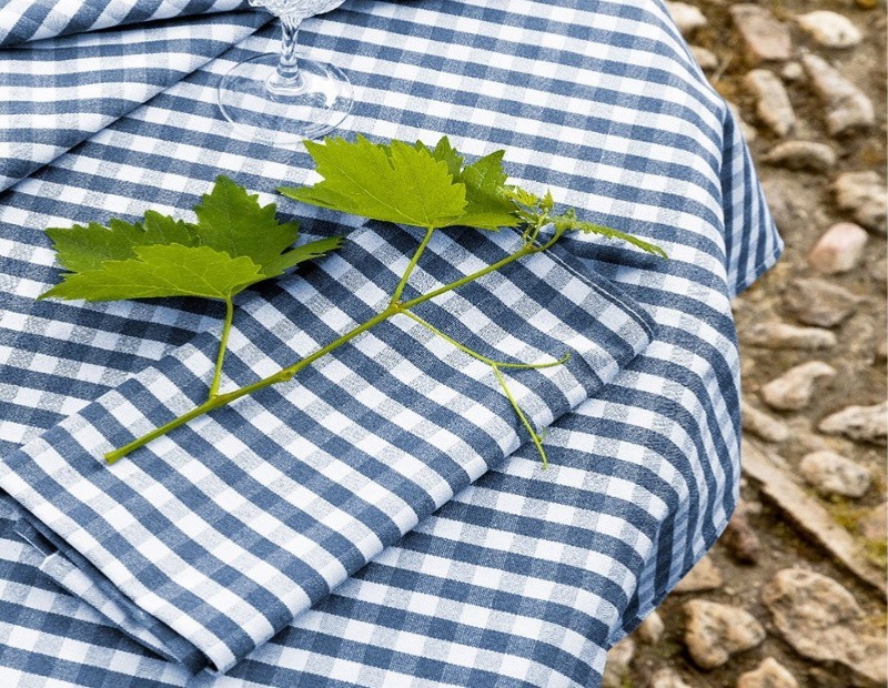 Mantel de cuadritos de Vichy en color azul y blanco.
