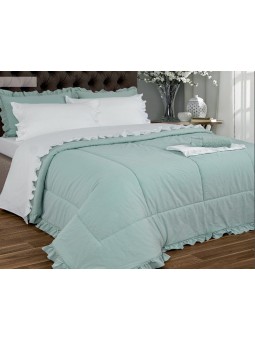 Edredón Lencero con Volante estilo romántico en color liso verde agua, rosa, blanco y beige.