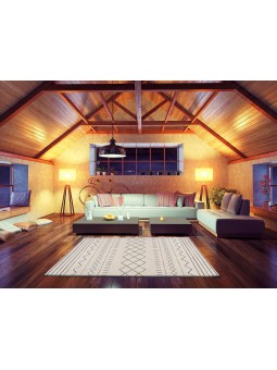 Alfombra de gran calidad  de salón o dormitorio estilo étnico en blanco.