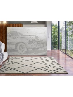 Alfombra con diseño geométrico o étnico en color blanco o beige de pelo largo.