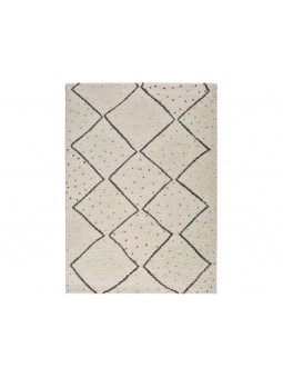 Alfombra con diseño geométrico o étnico en color blanco o beige de pelo largo.