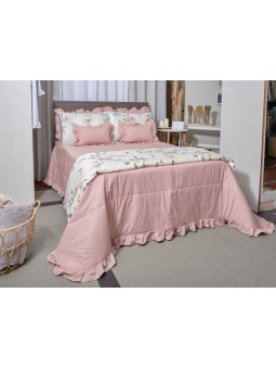 Edredón Lencero con Volante estilo romántico en color liso verde agua, rosa, blanco y beige.