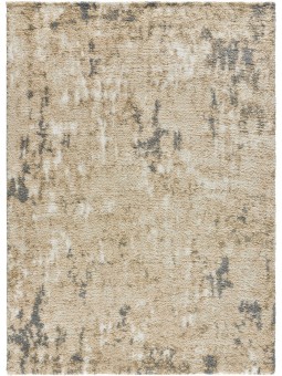 Alfombra estilo étnico en color gris beige y mostaza, pelo estilo shaggy.