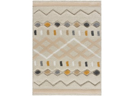 Alfombra estilo étnico en color beige y mostaza,  pelo estilo shaggy.