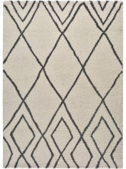 Alfombra con diseño geométrico o étnico en color blanco o beige de pelo largo.