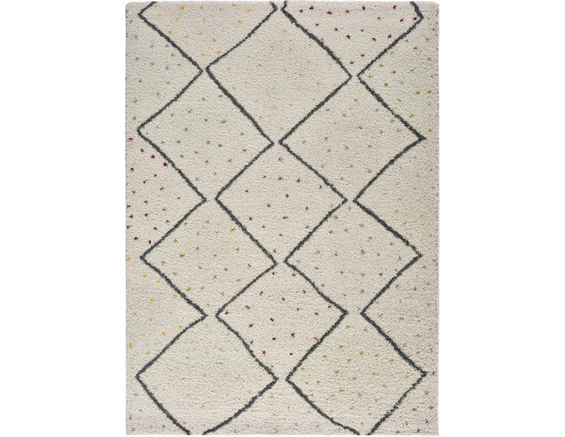 Alfombra con diseño geométrico o étnico en color blanco o beige de pelo largo.