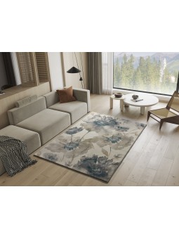 Alfombra floral en tonos gris y beige de gran calidad con diseño floral.