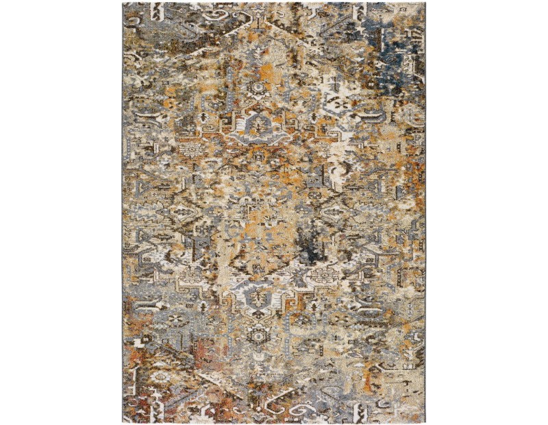 Alfombra vintage en tonos mostaza y gris.