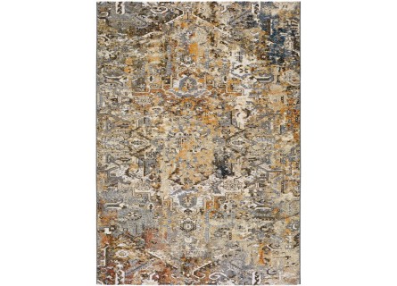 Alfombra vintage en tonos mostaza y gris.