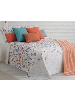 Colcha bouti Papaya de Manterol de gran calidad. Diseño reversible estamapado con flores frutales