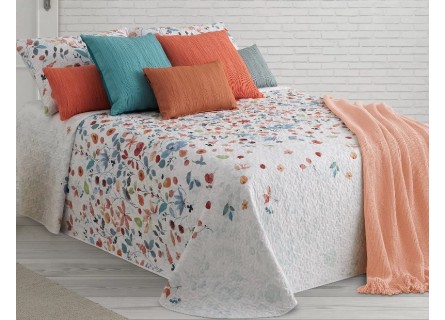 Colcha bouti Papaya de Manterol de gran calidad. Diseño reversible estamapado con flores frutales