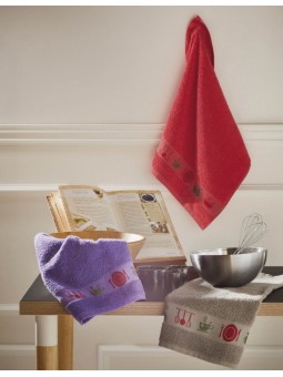 Paño de cocina de gran absorción, de rizo en algodón 100%. Diseño bordado en rojo, morado y gris.