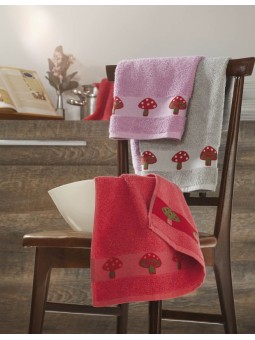 Paño de cocina de gran absorción, de rizo en algodón 100%. Diseño bordado en rojo, morado y gris.