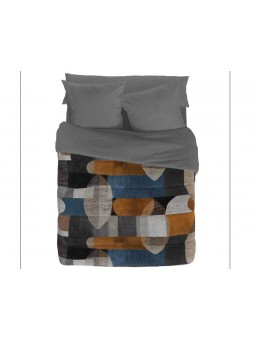 Edredón nórdico Calista estampado con dibujo geométrico en tonos grises, azules, mostazas y negro.